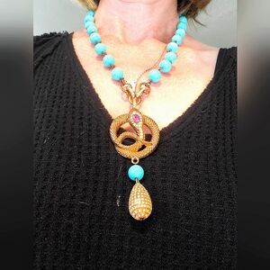 Signed Vintage Graziano Gold and Faux Turquoise Snake Pendant Necklace